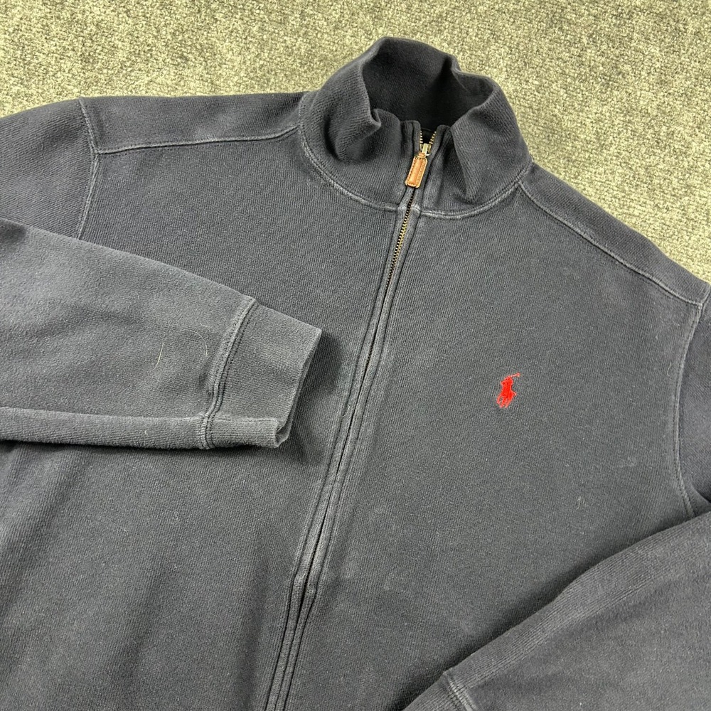 Polo Ralph Lauren Full Zip Sweater Mens Large Navy Blue‎ Cotton Knit Mock Neck